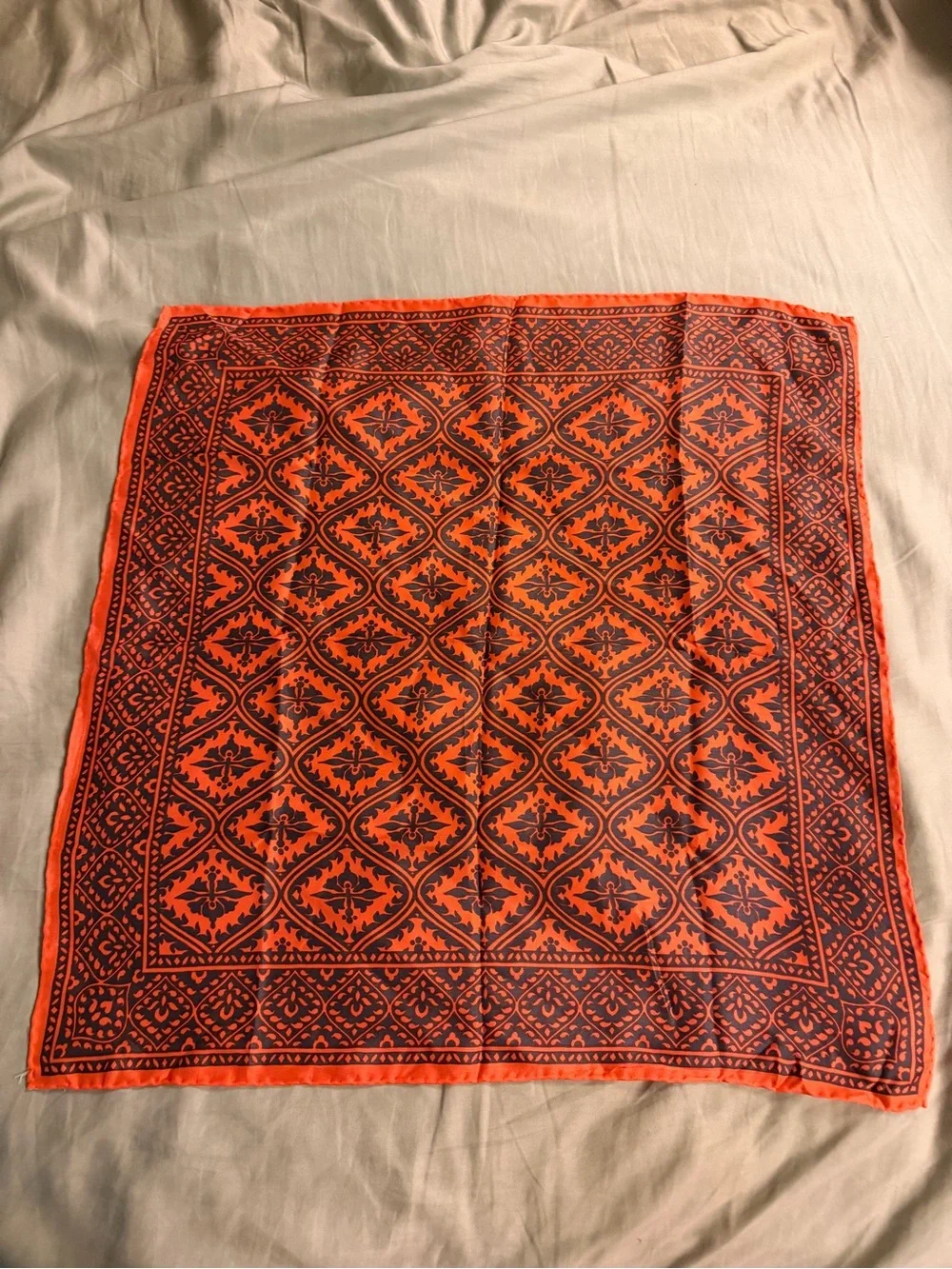 Vintage Baar Beards Japan Silk Scarf 21” Orange Navy Geometric Tile Neckerchief